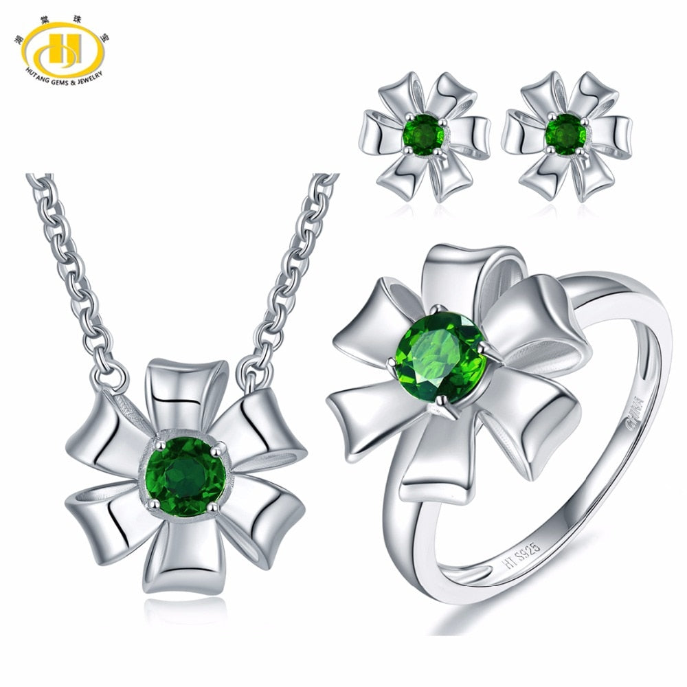 Hutang Solid 925 Sterling Silver 1.31ct Natural Gemstone Chrome Diopside Pendant & Earrings & Ring Fine Jewelry Sets For Women