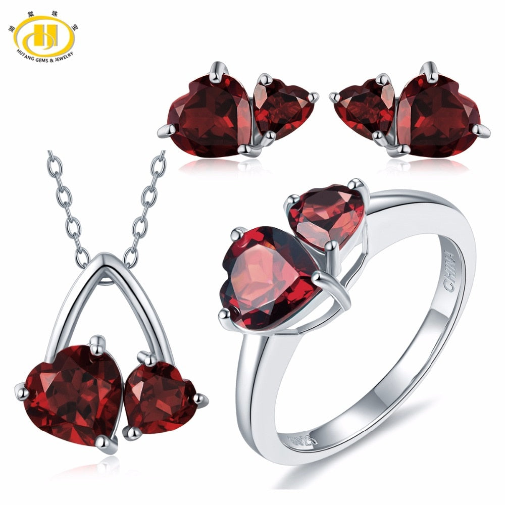 Hutang Solid 925 Sterling Silver 6.1ct Natural Gemstone Garnet Heart Pendant & Earrings & Ring Fine Bridal Jewelry Sets For Gift