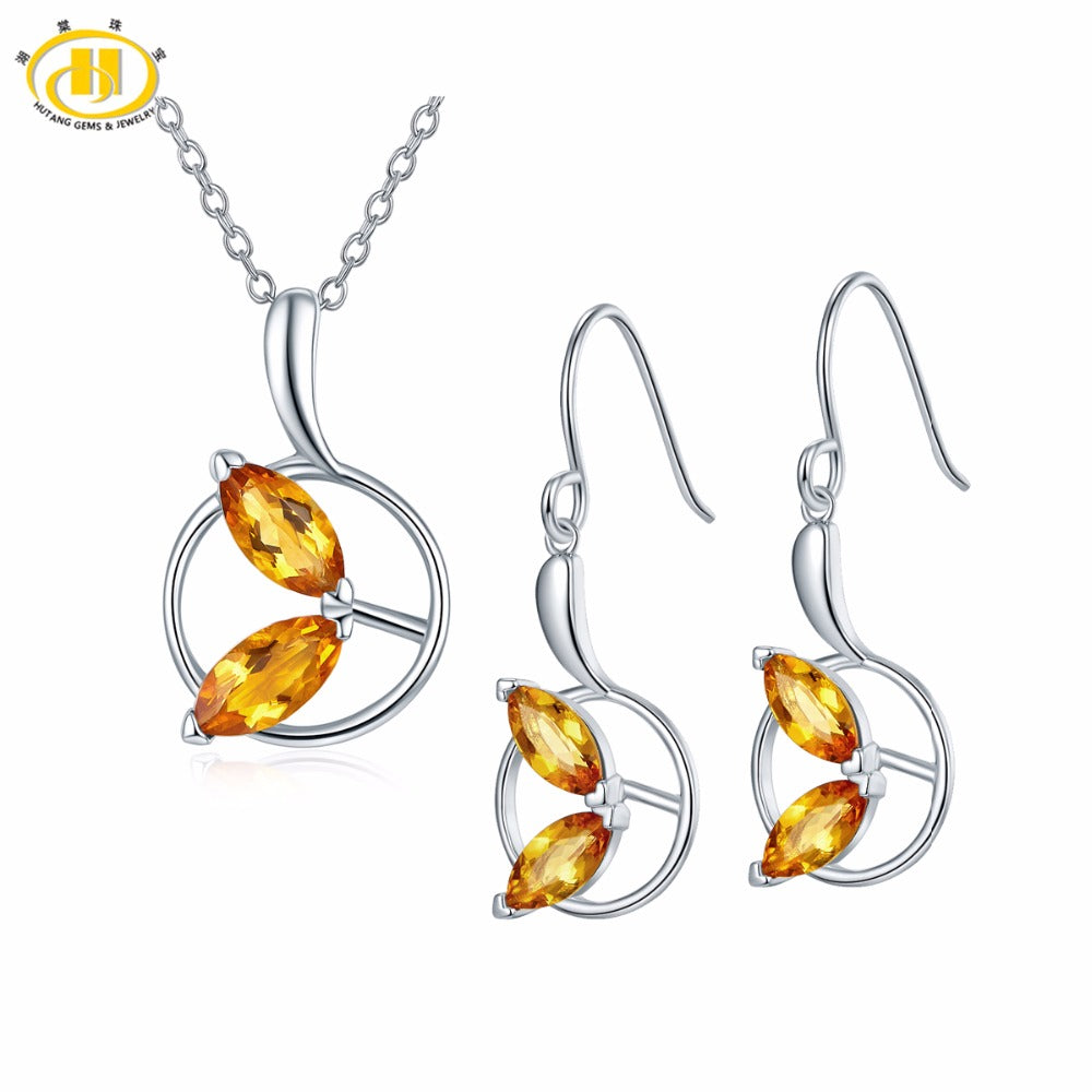 Hutang Solid 925 Sterling Silver Leaf Jewelry Sets Natural Gemstone Citrine Fine Fashion Stone Jewelry For Women's Gift