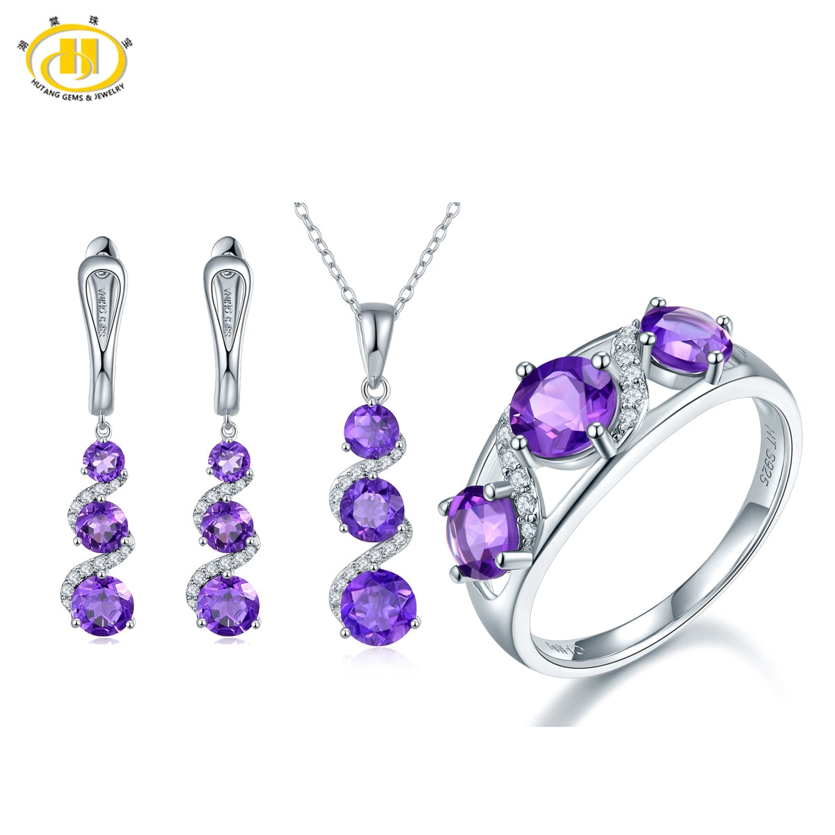 Hutang Solid 925 Sterling Silver Natural Amethyst Jewelry Sets Pendant Ring Earrings for Women Gemstone Fine Jewelry Gift 2020