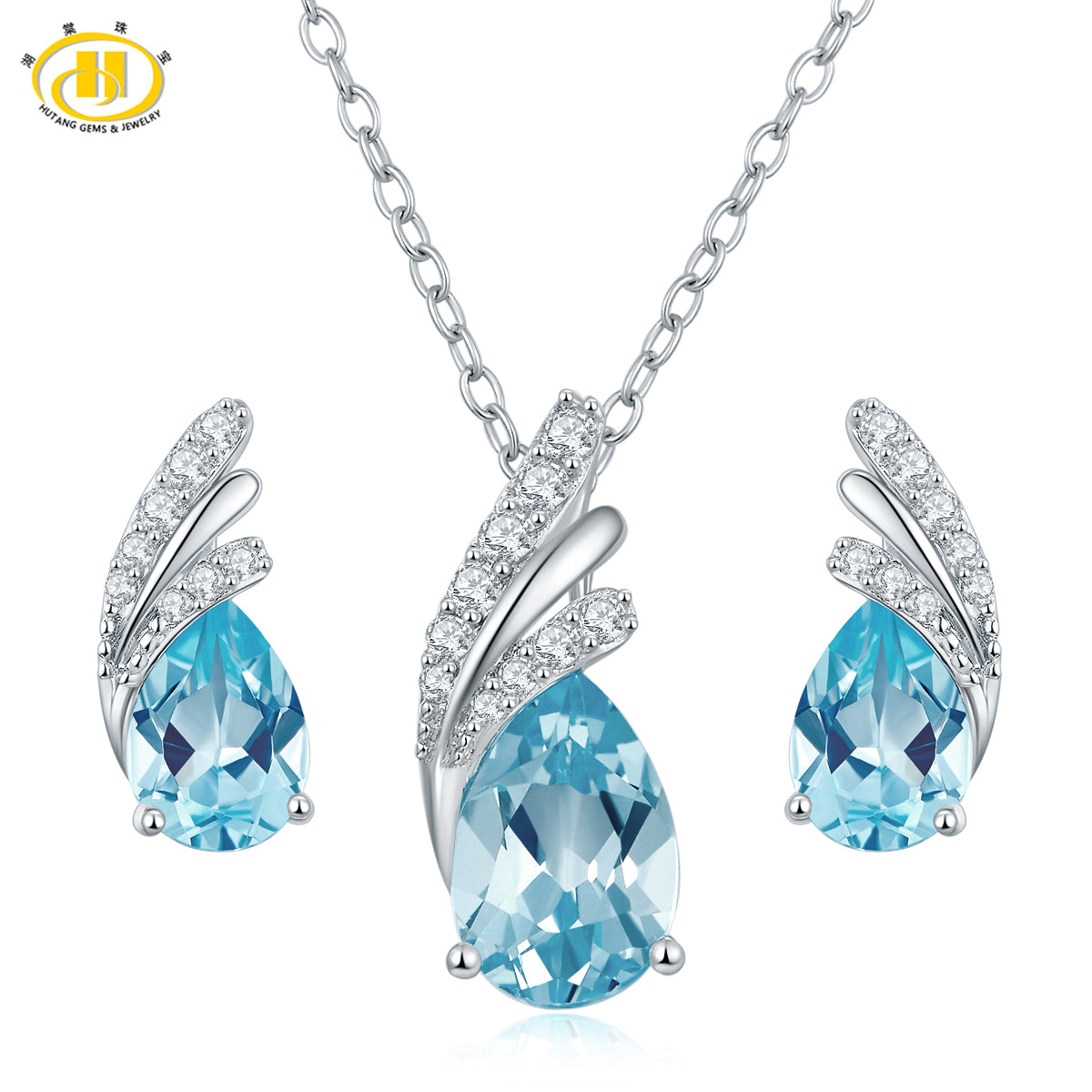 Hutang Solid 925 Sterling Silver Natural Blue Topaz Jewerly Sets Earrings Pendant Necklace Gemstone Fine Jewelry Women Gift