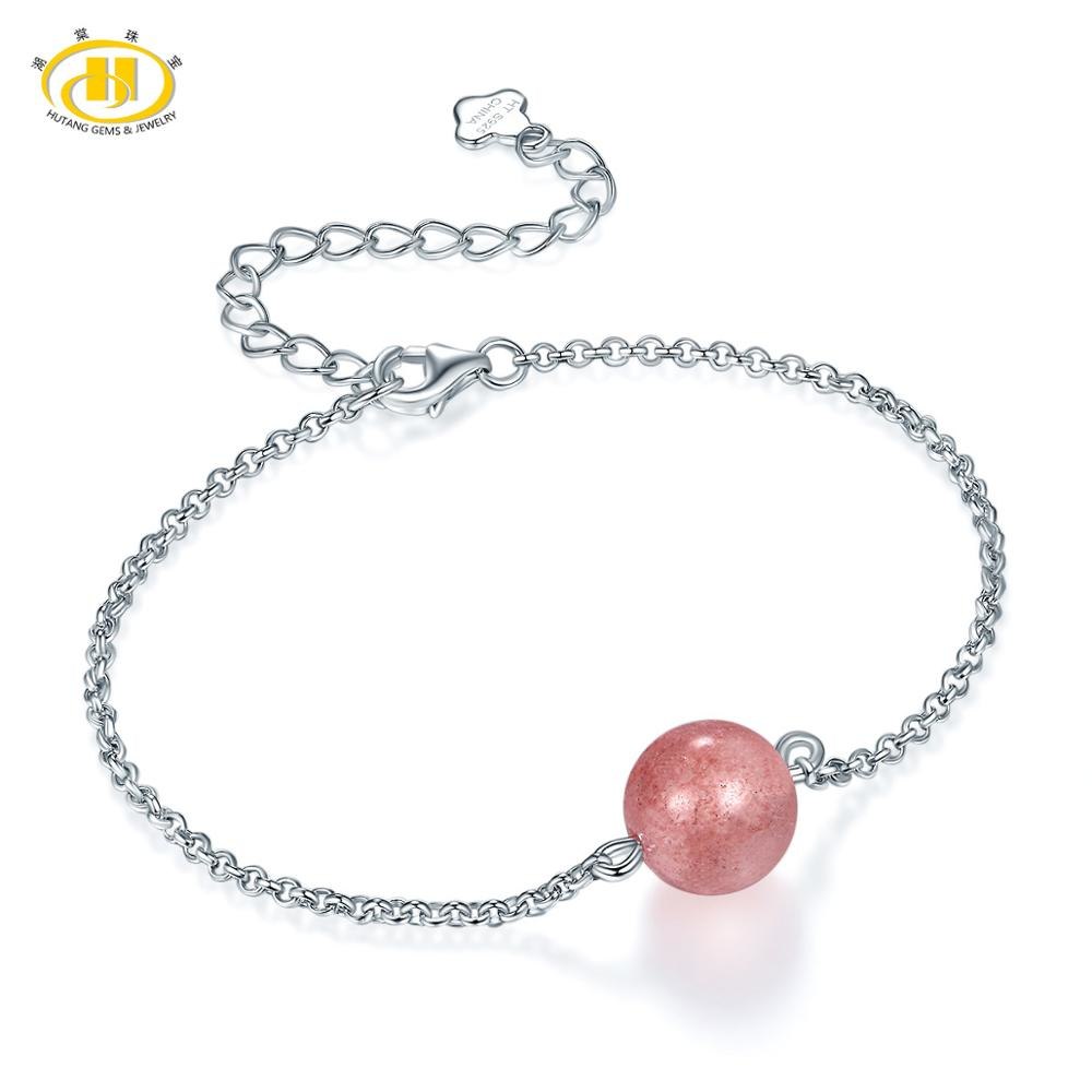 Hutang Solid 925 Sterling Silver for Women's Girl's Gemstone Strawberry Quartz Jewelry Adjustable Bracelets 2020 New Arrival