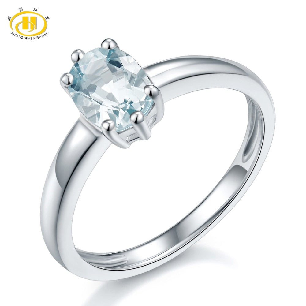 Hutang Stone Jewelry 1.08ct Natural Aquamarine Solid 925 Sterling Silver Solitaire Ring Gemstone Fine Engagement Wedding Jewelry