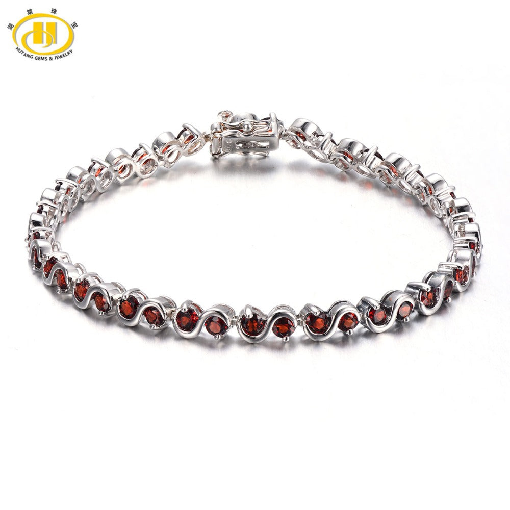 Hutang Stone Jewelry 7.04Ct Natural Garnet S Link Bracelet Solid 925 Sterling Silver women's Round Gemstone Fine Jewelry 7.25