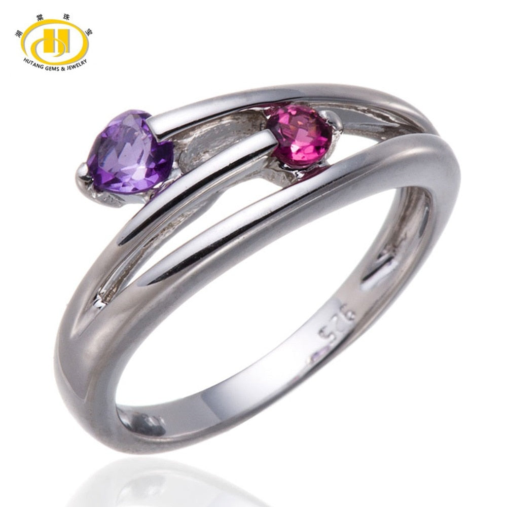 Hutang Stone Jewelry Natural Amethyst Pink Tourmaline Gemstone Solid 925 Sterling Silver Heart Ring Summer Style Fine Jewelry
