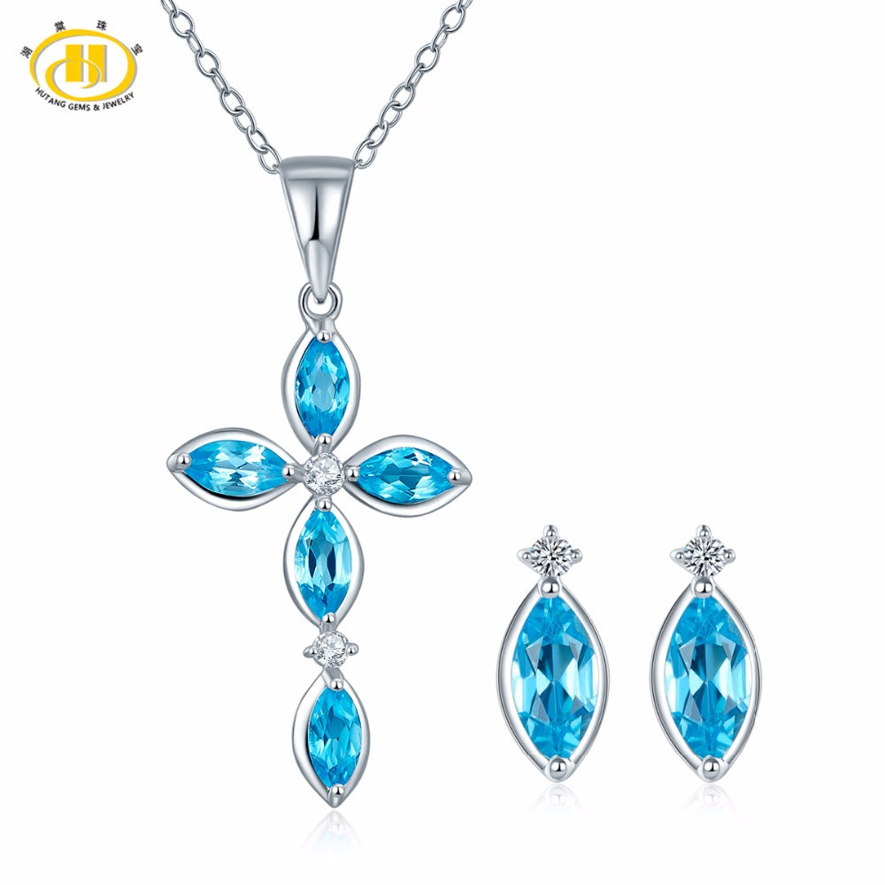 Hutang Stone Jewelry Natural Gemstone Blue Topaz Solid 925 Sterling Silver Crosss Pendant & Earrings Fine Jewelry Sets For Gift