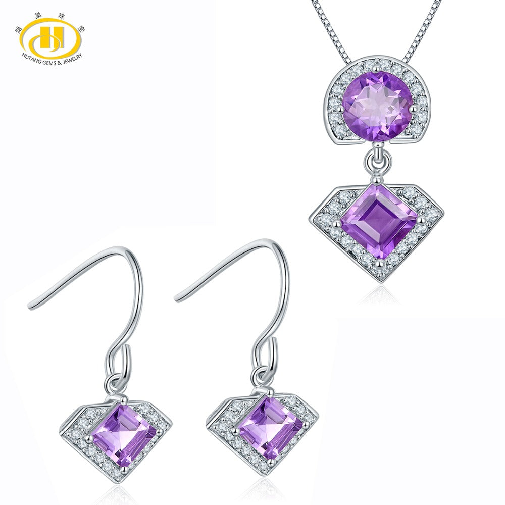 Hutang Stone Jewelry Real Amethyst Solid 925 Sterling Silver Gemstone Jewelry Sets Earrings & Pendant Women's Fashion Style New
