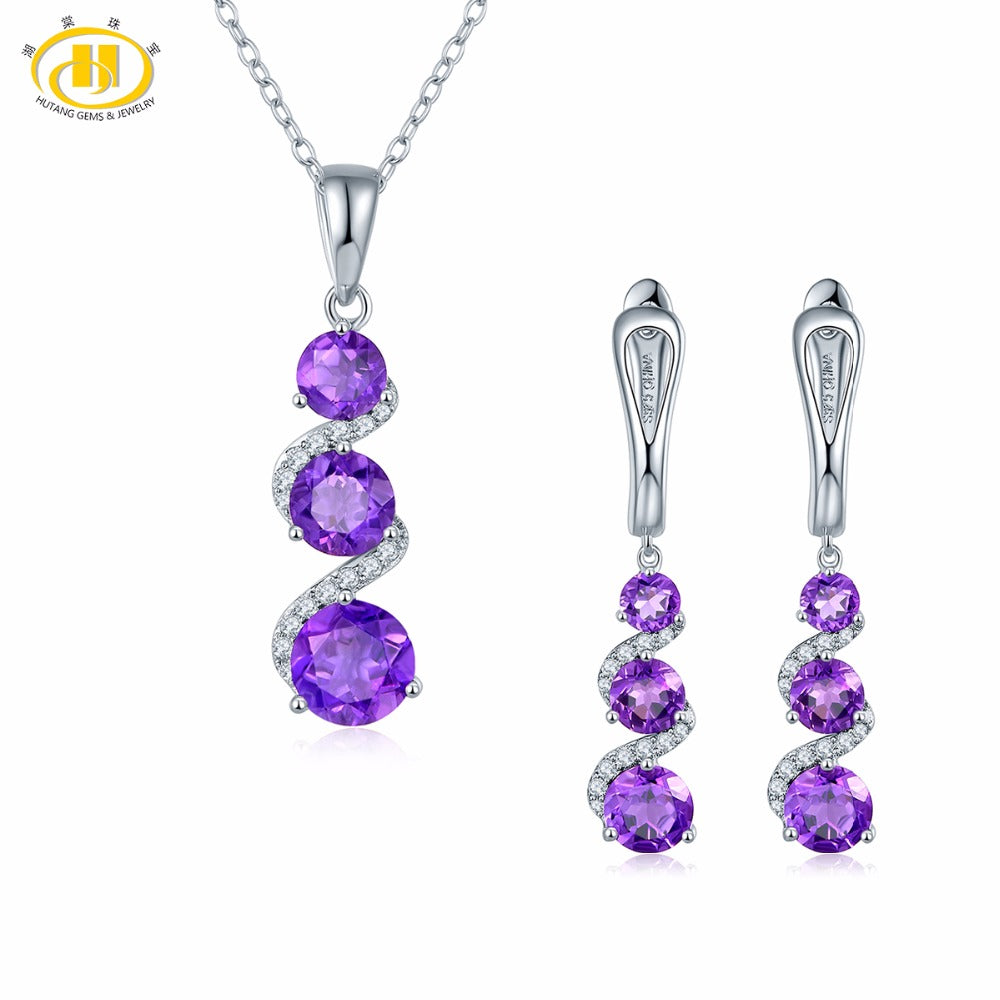 Hutang Stone Jewelry Sets Natural Gemstone African Amethyst Earrings & Pendant Fine Fashion Jewelry For Women's Gift New