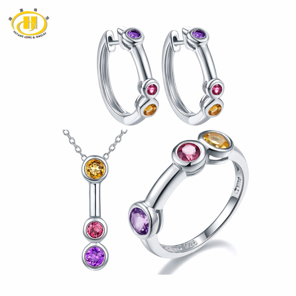 Hutang Stone Jewelry Sets Natural Gemstone Amethyst Rhodolite Garnet Citrine Solid 925 Sterling Silver Fine Bridal Jewelry Gift