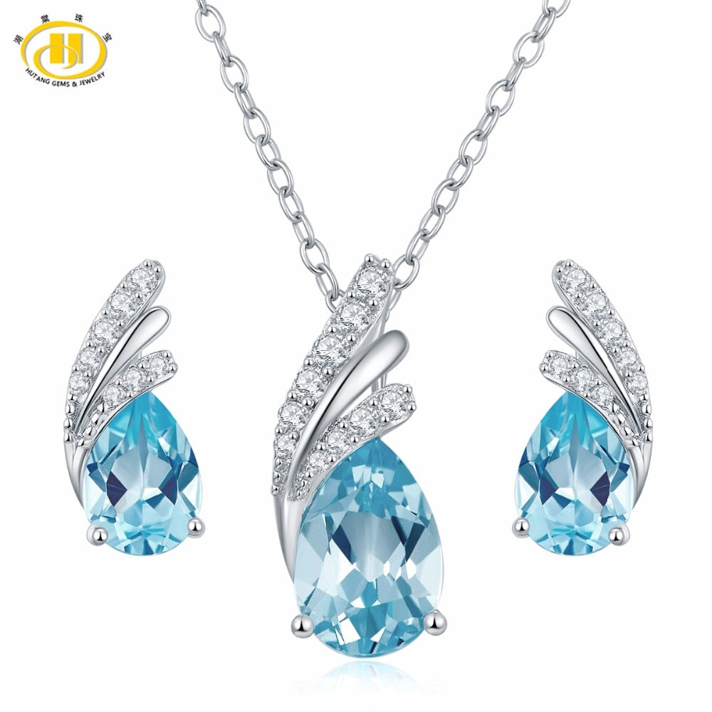 Hutang Stone Jewelry Sets Natural Gemstone Sky Blue Topaz 925 Sterling Silver Wing Fine Fashion Jewelry For Women's Gift New