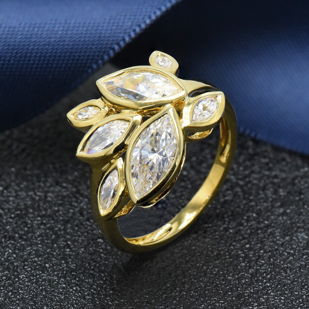 Hutang women's yellow gold cubic zirconia leaf ring solid 925 sterling silver wedding fine stylish jewelry gift for her