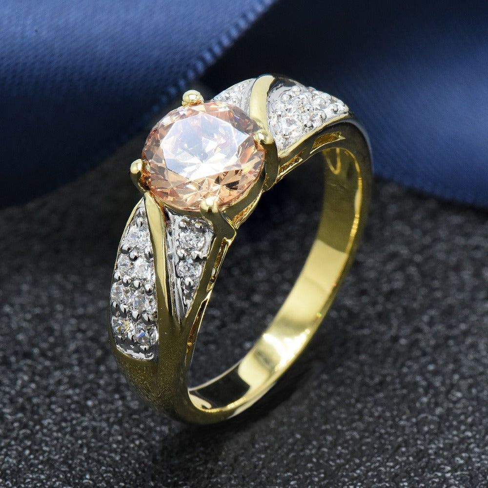 Hutang women's yellow gold morganite wedding ring solid 925 sterling silver cubic zircon engagement fine jewelry gift for her