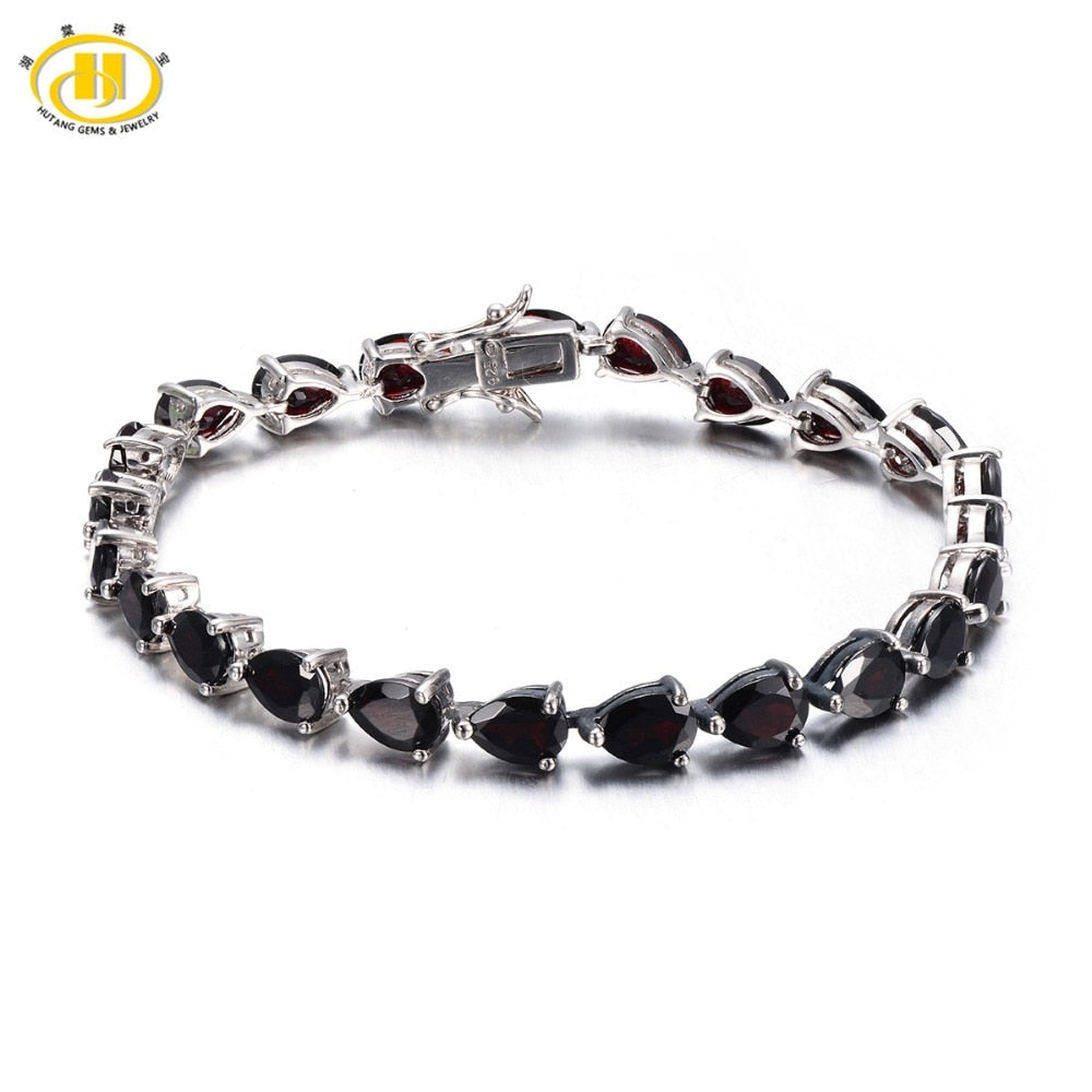 Hutang18.4ct Natural Black Garnet Link Bracelet Solid 925 Sterling Silver for women Real Gemstone Fine Fashion Jewelry 7.25
