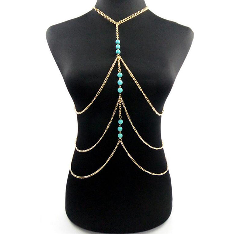Necklace Women Chic Multilayer Chain Harness Bikini Crossover Chain Necklaces Long Tassel Turquoises Pendant Necklace
