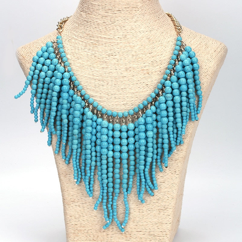 Hyperbole Boho Blue Turquoises Semi Precious Stone Beads Stacking Vine Beaded Pendants Charms Big Layers Necklace For Women