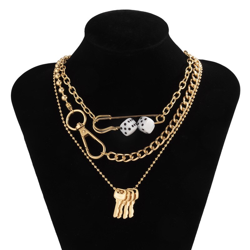 Hyperbole Dice Big Hollow Safety Pin Pendant Necklace for Women Ladies Gold Silver Color Chunky Chain Chokers Necklace Jewelry