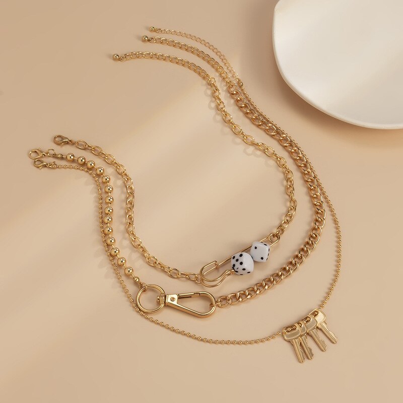 Hyperbole Dice Big Hollow Safety Pin Pendant Necklace for Women Ladies Gold Silver Color Chunky Chain Chokers Necklace Jewelry