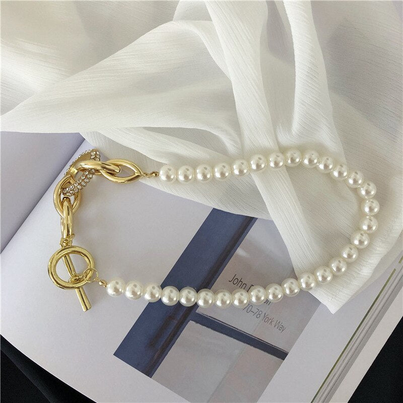 Hyperbole Gold Color Asymmetric Chunky Chain Pearl Chokers Necklace for Women Circle Toggle Clasp Rhinestone Necklace Jewelry