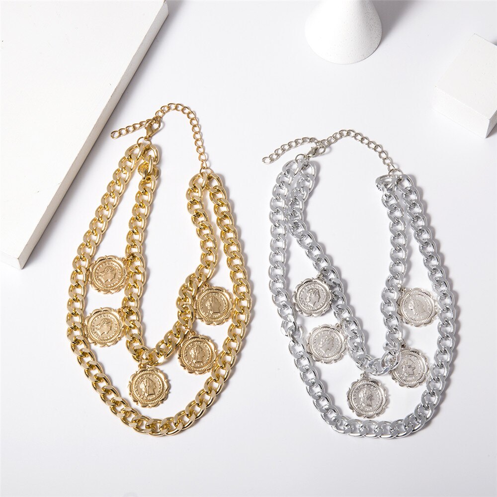 Hyperbole Gothic Cuban Chunky Necklace for Women Vintage Queen Coin Pendant Necklace Statement Hip hop Jewelry