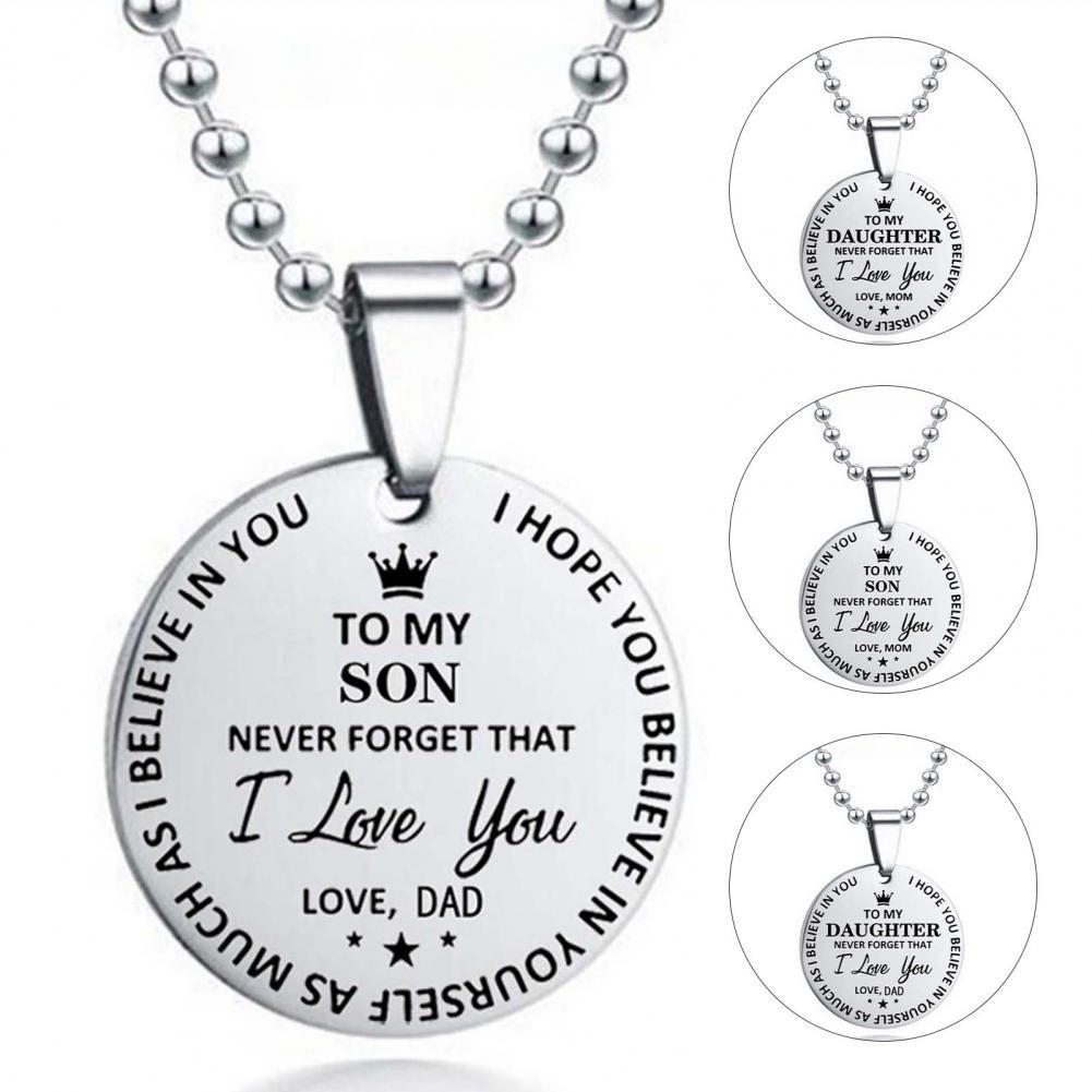 I Love You Letter Print Pendant Necklace Ball Chain Stainless Steel To My Son Round Tag Sweater Necklace Jewelry Accessory