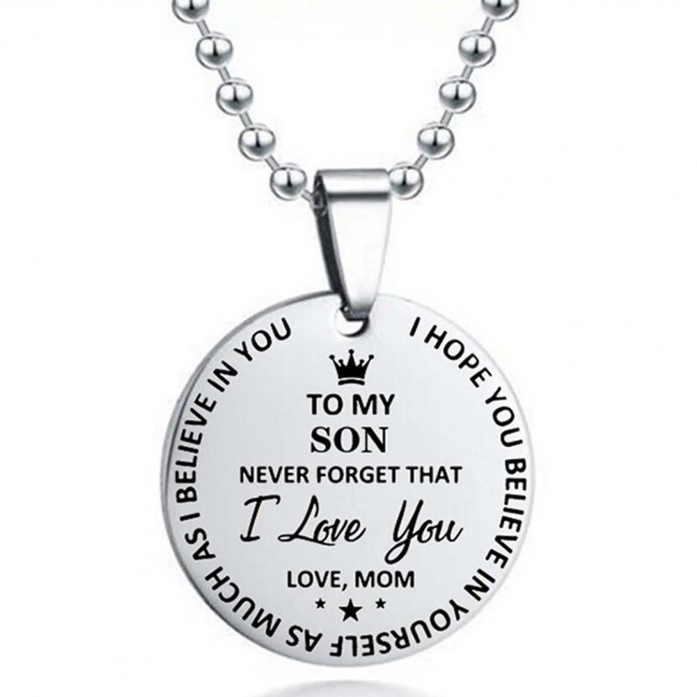 I Love You Letter Print Pendant Necklace Ball Chain Stainless Steel To My Son Round Tag Sweater Necklace Jewelry Accessory