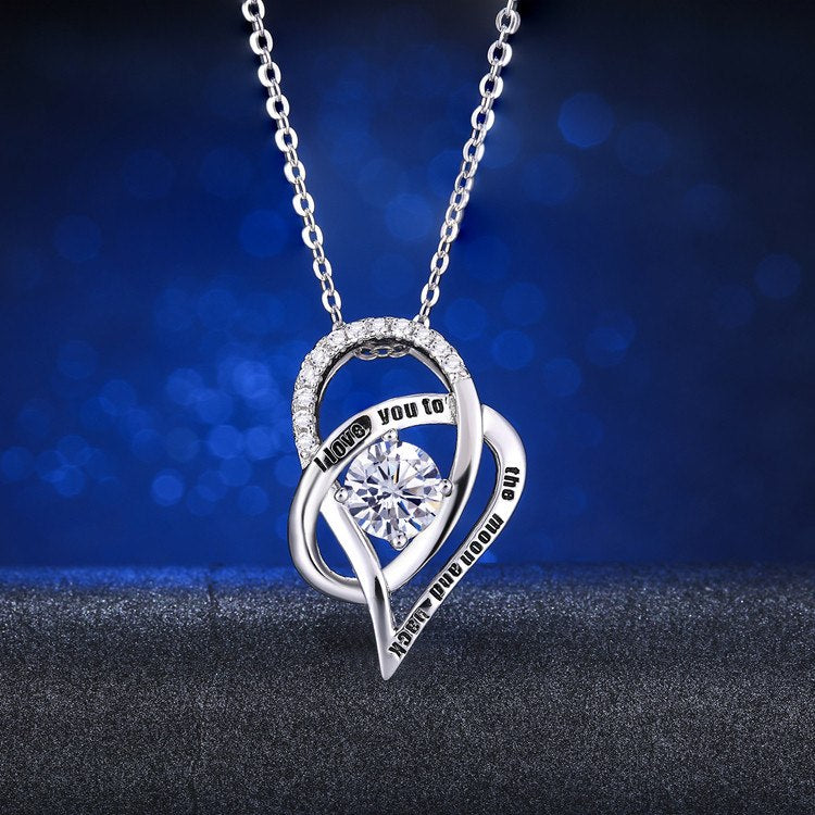 I Love You To The Moon And Back Genuine 925 Silver Double Heart Pendant Necklace with White Crystal Silver Color Necklaces