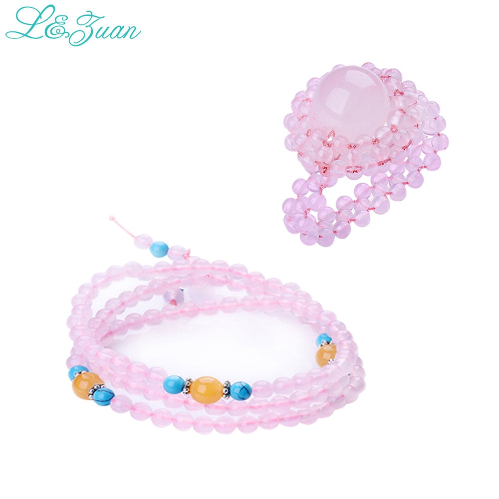 I&Zuan Sterling Silver Jewelry Bracelet Ring Set For Women Pink Natural Rose Quartz Fine Jewelry Chic Accessories Set Party Gift