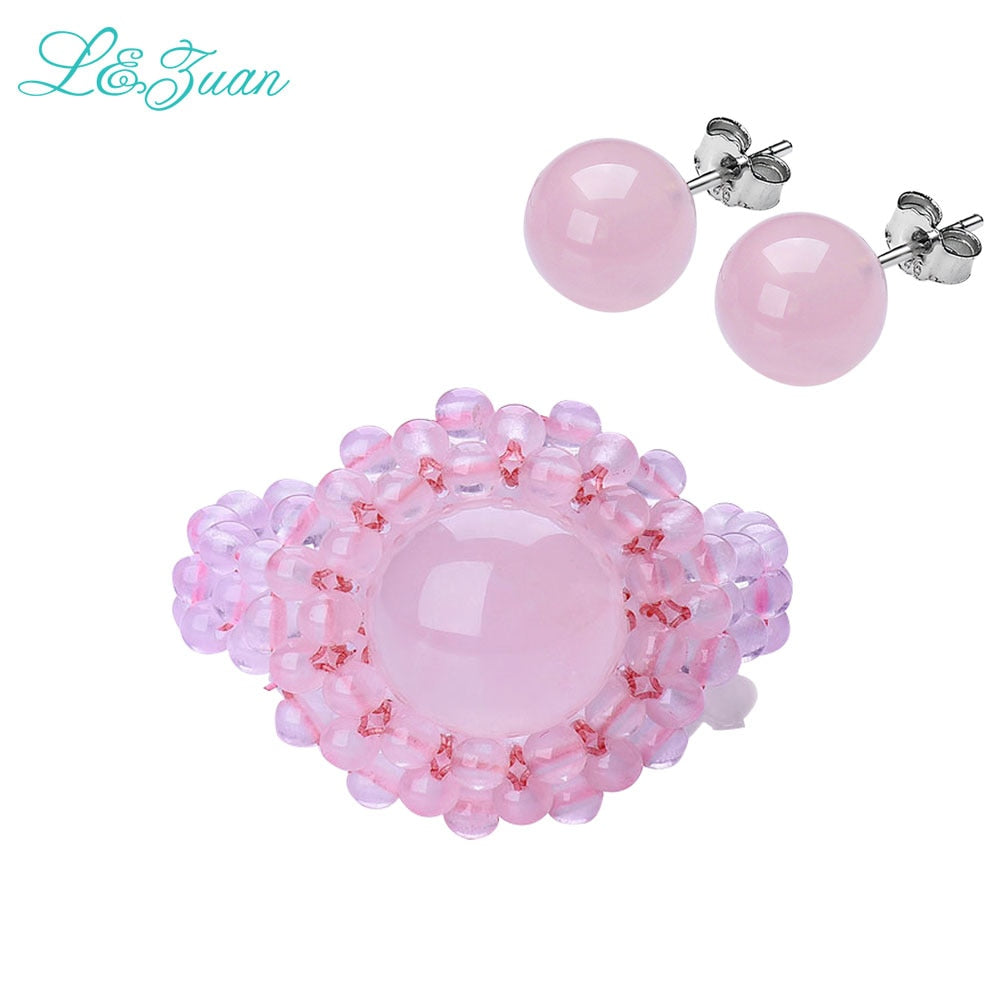 I&Zuan Stud Earrings Ring Set For Women Sterling Silver Jewelry Pink Natural Rose Quartz Fine Jewelry Accessories Set Party Gift