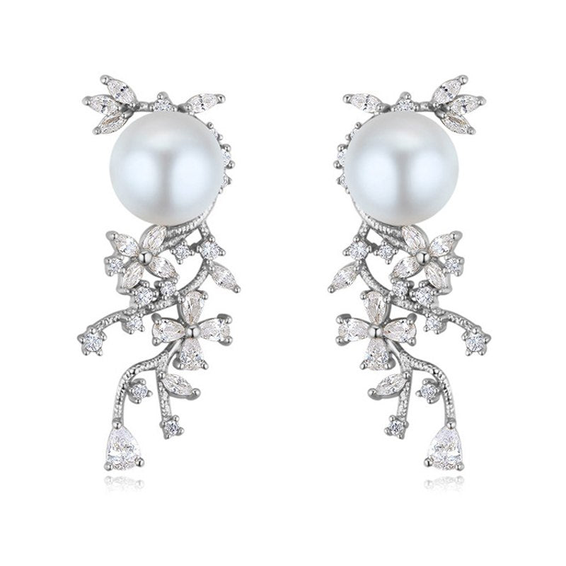 New Fashion Luxurious Flower Design Pearl Silver Stud Earrings for Women Rose Gold Color Plated Jewellery Wholesale