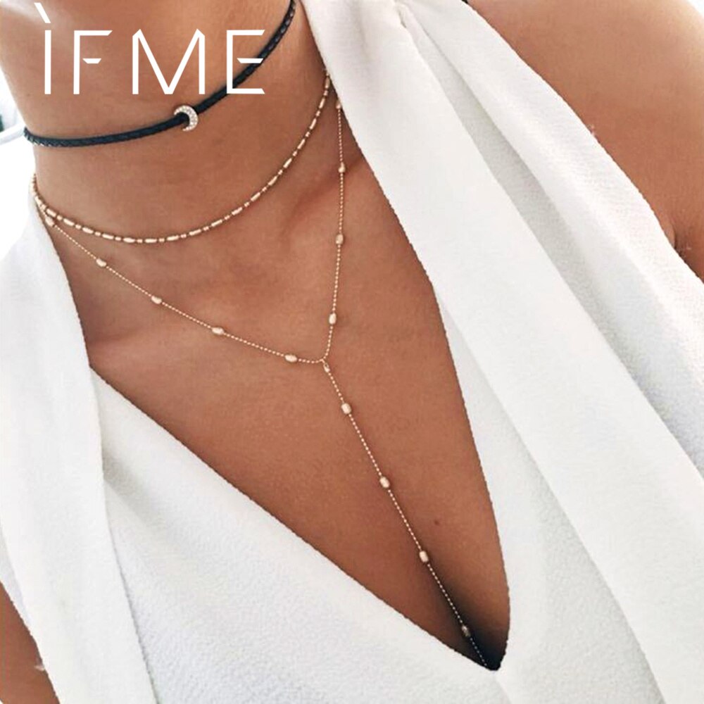 IF ME Bohemian Choker Necklaces Three Layers for Women Vintage Bohemian Beads Gold Color Crescent Moon Statement Necklace 2022