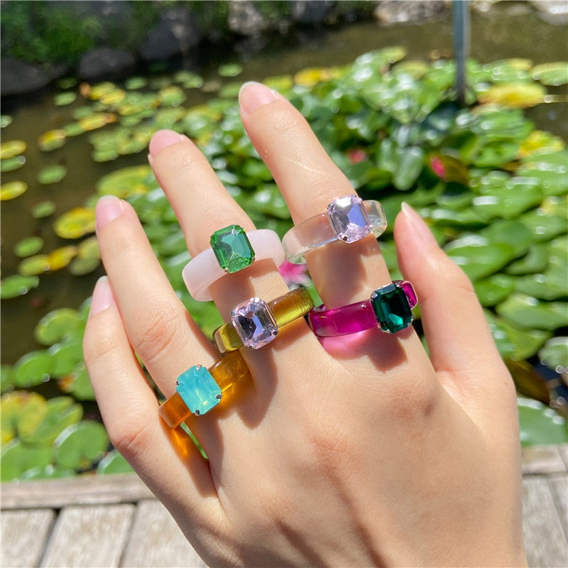 IF ME Ins Aesthetic Colorful Transparent Resin Acrylic Crystal Korean Geometric Irregular Square Rings for Women Trendy Jewelry