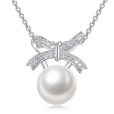 Fine Necklaces 925 Sterling Silver Pendant Pearl Statement Necklace For Women Crystal Bow Knot Jewelry