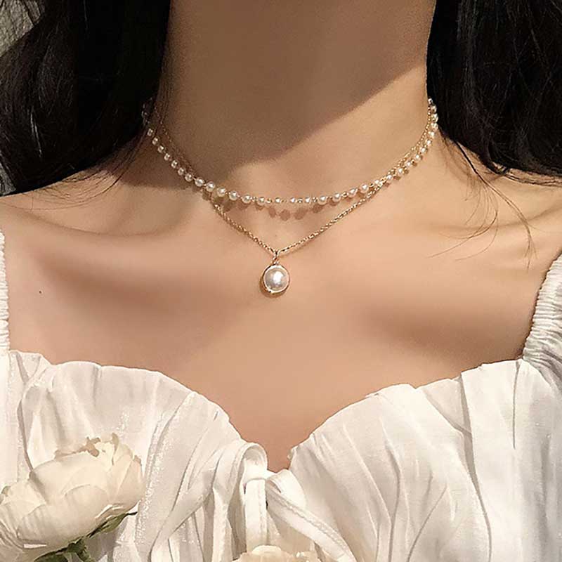 IFMIA 2021 Double Layer Chain Gold Color Choker Cute Romantic Women Pearl Pendant Necklace Girl Chocker Collar Collier