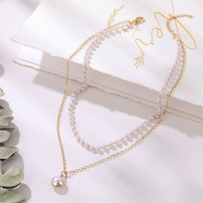 IFMIA 2021 Double Layer Chain Gold Color Choker Cute Romantic Women Pearl Pendant Necklace Girl Chocker Collar Collier