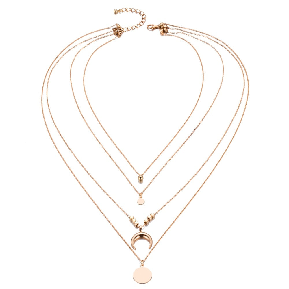Bohemian Four-layer Long Necklace Vintage Multi-layer Moon Pendant Pendant Necklace Jewelry Charm Female 2020 New Jewelry