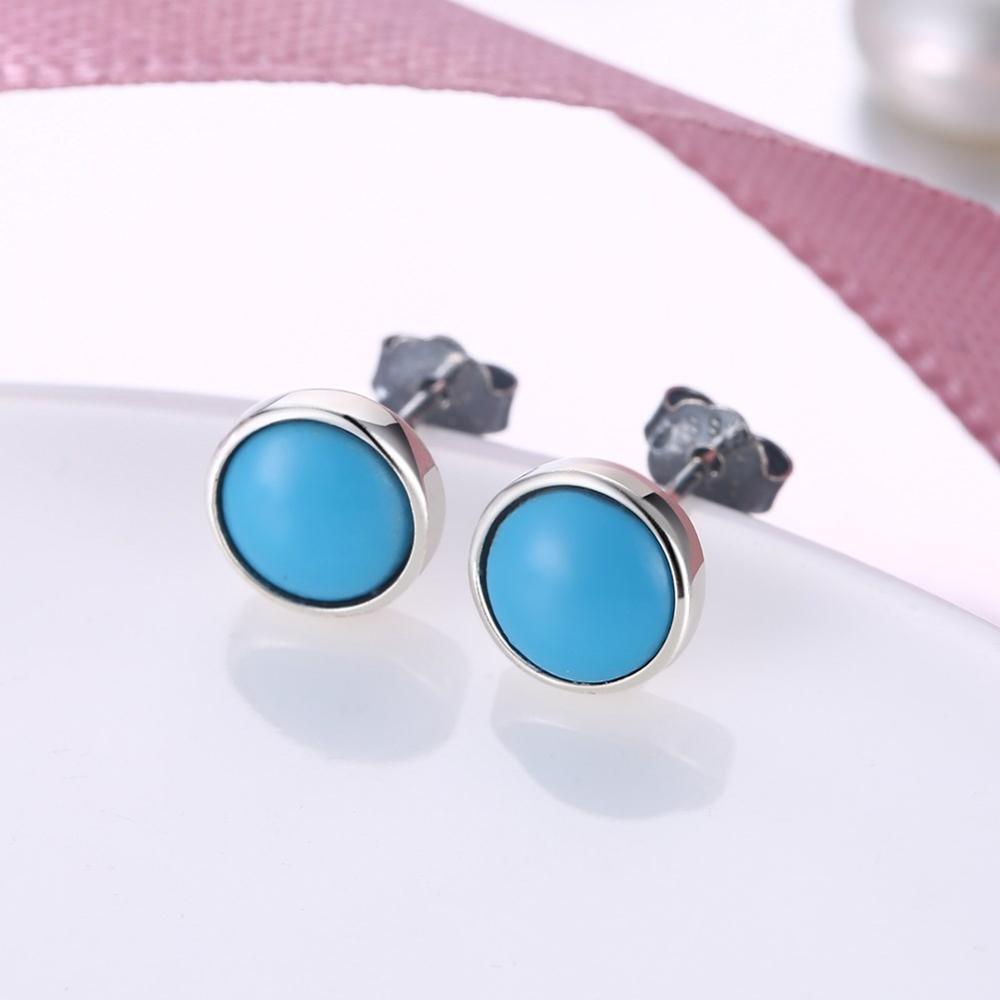 2020 New Delicate Stud Earrings 925 Sterling Silver Round Blue Turquoise Fine Jewelry for Women Party Wedding Gift
