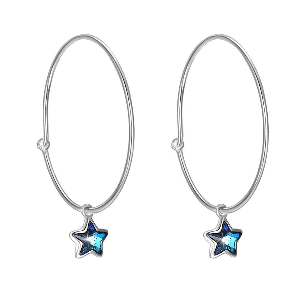 Bing Round Hoop Earrings S925 Sterling Silver with Single Star Natural Austria Crystal Dangle Drop Brincos for Women Gift