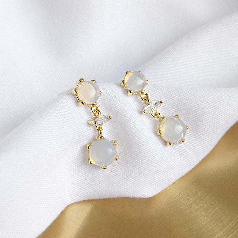 Brand New Luxurious Vintage Fine Jewelry S925 Sterling Silver Square CZ Crystal Round Opal Stone Dangle Drop Earrings