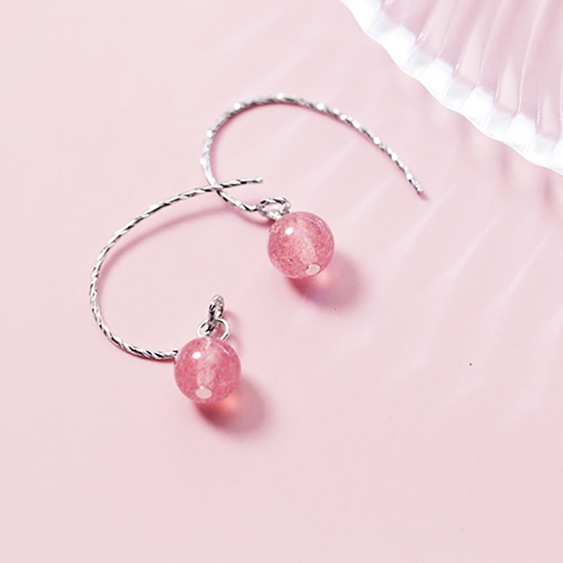 Cheap Cute Fashion Stud Earrings S925 Sterling Silver Ear Hook with Single Pink Strawberry Quartz Brincos for Women Gift