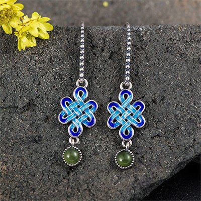 Chiness Knot Design Drop Earrings 925 Sterling Silver Statement Ear Hook with Gemstone Pendant for Women Fine Jewelry