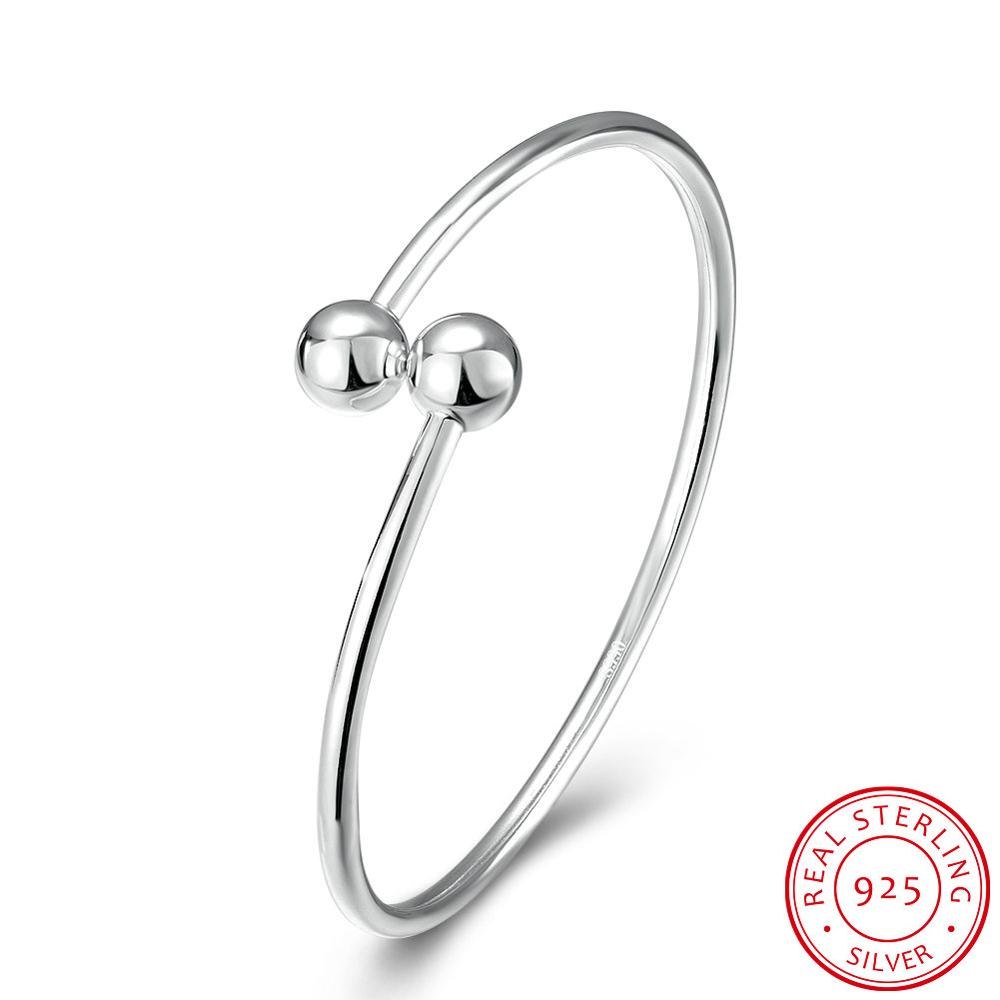 Classic S925 Sterling Silver Bangle&Bracelet with 2 Round Ball Adjustbale Size for Women Wedding Charming Fine Jewelry