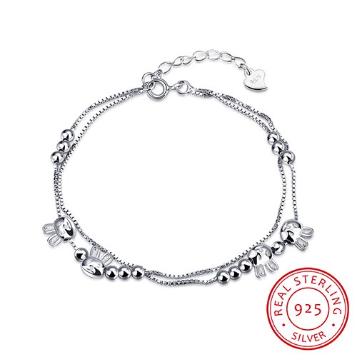 Cute S925 Sterling Silver Bracelet Round Animal Rabbit Beads Pendant Bangle for Women Wedding Fine Jewelry Link Chain