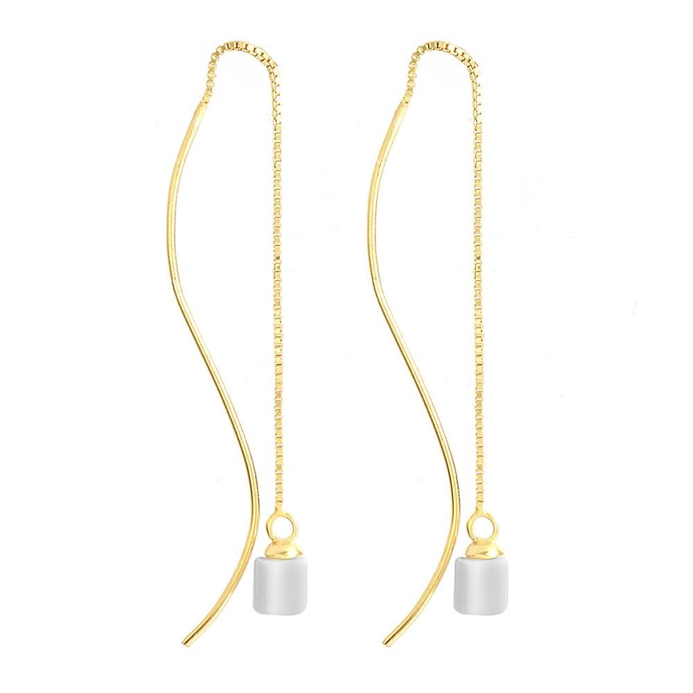 Long Chian S925 Sterling Silver Drop Earrings Curved Ear Line Fine Jewelry with Round White Turquoise Brincos for Women