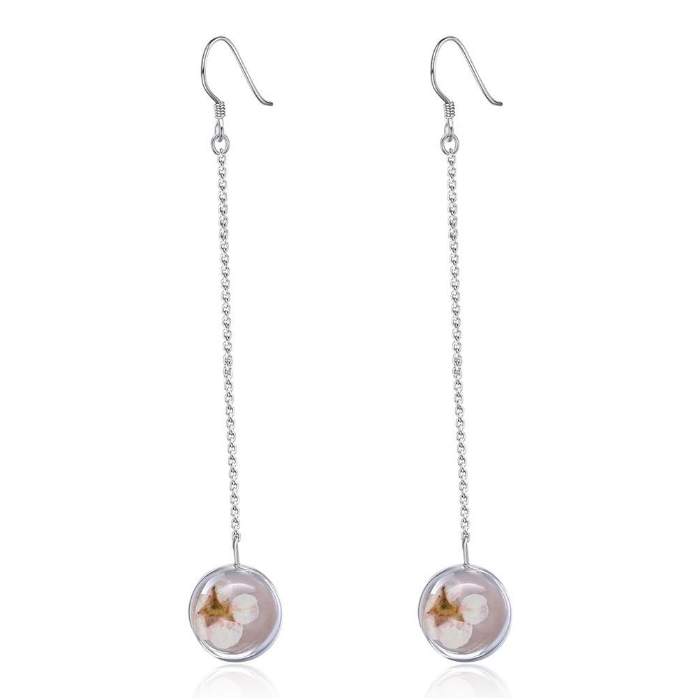 Long Chian S925 Sterling Silver Drop Earrings Flower Inl in Round Clear Resin Delicate Ear Hook for Women Fine Jewelry