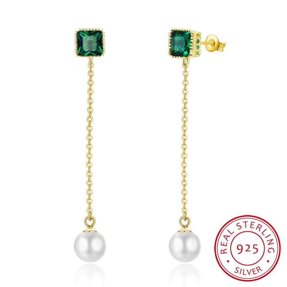 Long Chian S925 Sterling Silver Drop Earrings Square Green Cubic Zircon Stone Crystal with Single Pearl Pendant Brincos