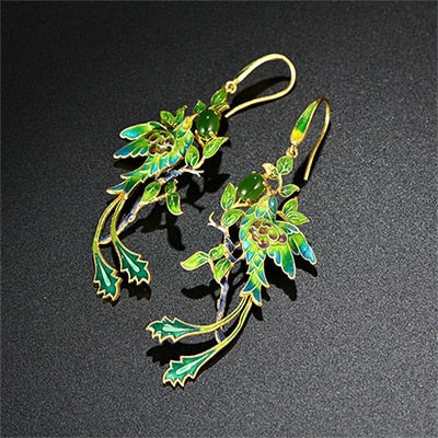 Luxurious 925 Sterling Silver Big Drop Earrings Multi Green Blue Phoenix Cloisonne with Jade Ear Hook for Women Jewelry