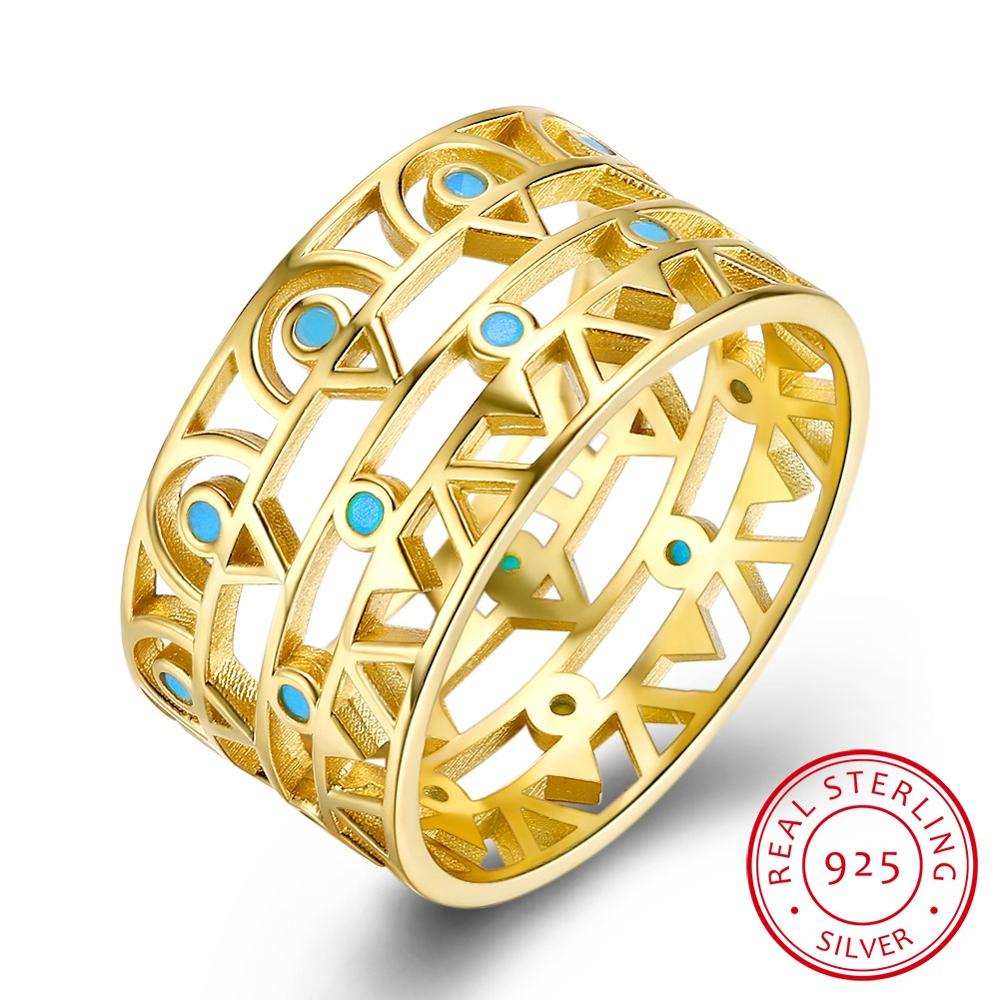 Luxurious Wide 925 Sterling Silver Ring Inl Turquoise Delicate Fine Jewelry Yellow Gold Plated Statement for Women