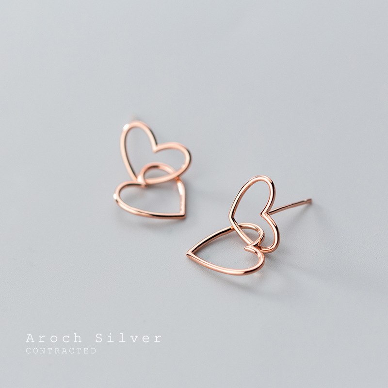 New 100% 925 Sterling Silver Double Hollow Hearts Stud Earrings for Women Small Bijoux Fine Jewelry Cute Gorl Brincos