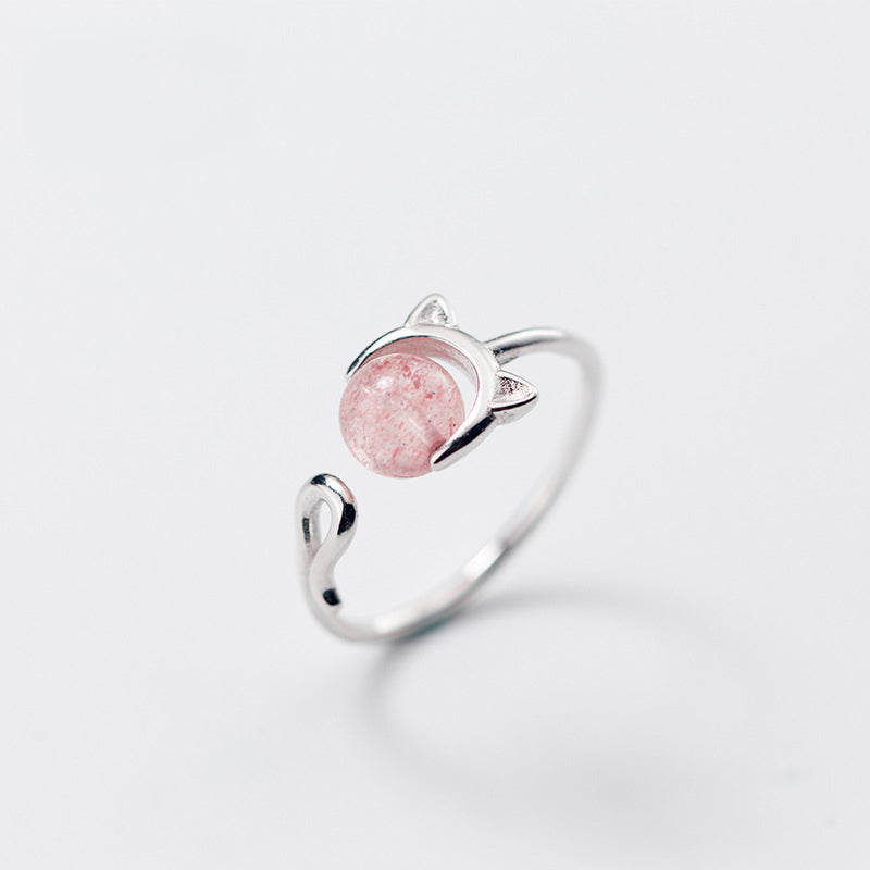 New Cute Cat Shape S925 Sterling Silver Finger Ring With Pink Strawberry Quartz Open Size Adjustable Fine Jewelry Girl