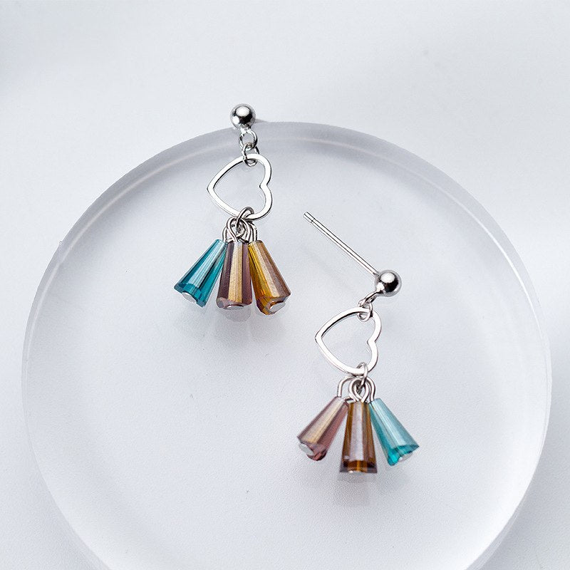 New Cute Drop Earrings S925 Sterling Silver Heart Shape Circle with Multi Crystal Dangle Pendant Fine Jewelry Ear Brincos